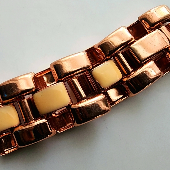 Authentic Original Vintage Style Jewelry - Rose gold with cream enameled link bracelet, contemporary, classic look, bougie